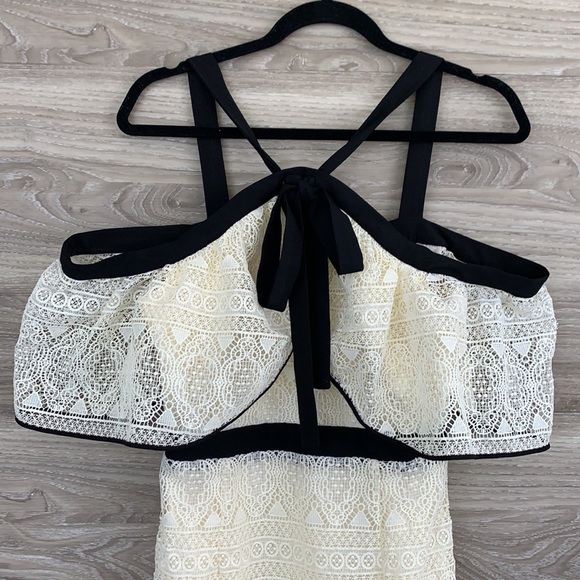 Adelyn Rae cream ivory black crochet lace halter off the shoulder tulip dress - Picture 4 of 10